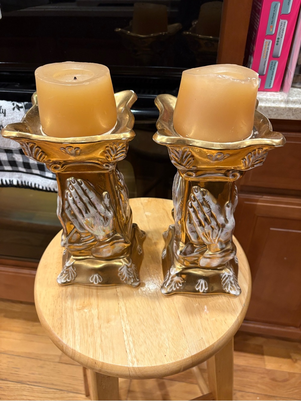 2-Gold Praying Hands Candle Holders with Amber Candles -